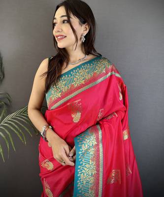 hot pink soft silk blend dual zari peacock butta worked banarasi saree  4