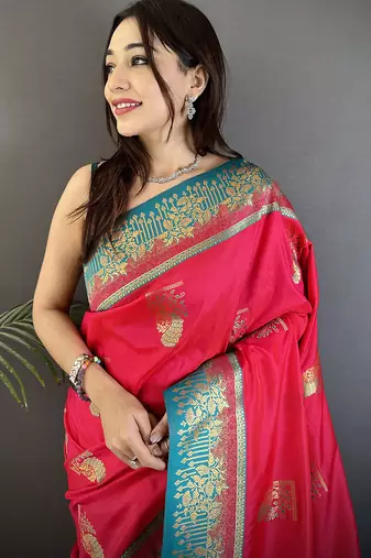 hot pink soft silk blend dual zari peacock butta worked banarasi saree 
