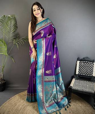 purple soft silk blend dual zari peacock butta worked banarasi saree  1
