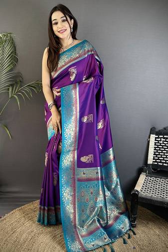 purple soft silk blend dual zari peacock butta worked banarasi saree 