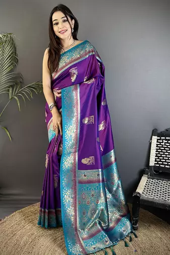 purple soft silk blend dual zari peacock butta worked banarasi saree 