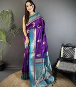 purple soft silk blend dual zari peacock butta worked banarasi saree 
