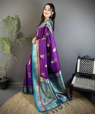 purple soft silk blend dual zari peacock butta worked banarasi saree  2