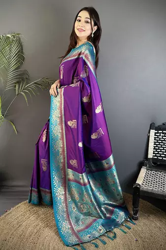 purple soft silk blend dual zari peacock butta worked banarasi saree 