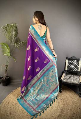 purple soft silk blend dual zari peacock butta worked banarasi saree  3