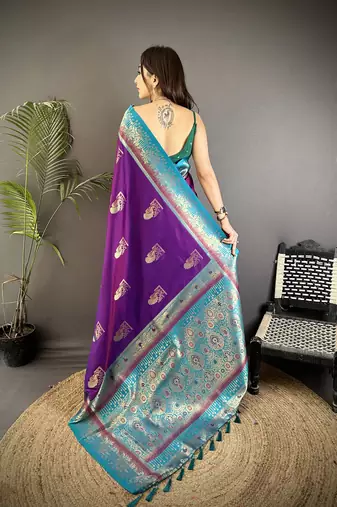 purple soft silk blend dual zari peacock butta worked banarasi saree 