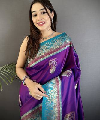 purple soft silk blend dual zari peacock butta worked banarasi saree  4