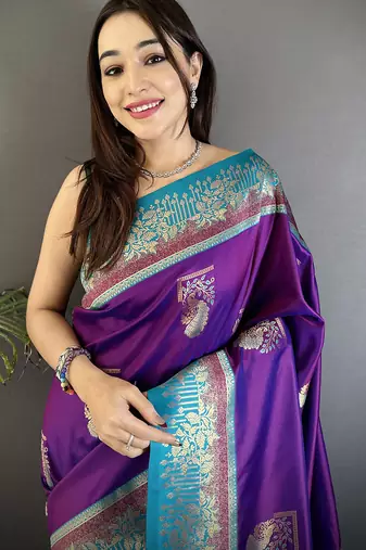 purple soft silk blend dual zari peacock butta worked banarasi saree 