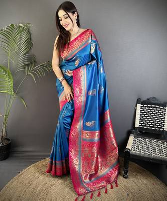 royal blue soft silk blend dual zari peacock butta worked banarasi saree  1