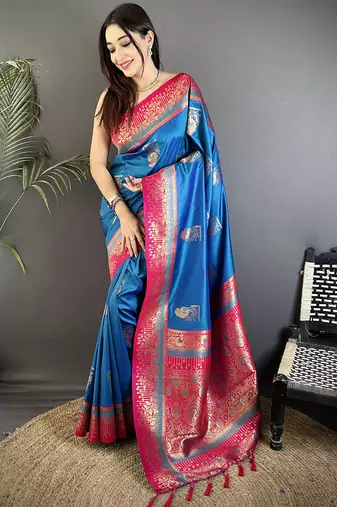 royal blue soft silk blend dual zari peacock butta worked banarasi saree 