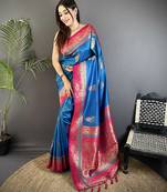 royal blue soft silk blend dual zari peacock butta worked banarasi saree 