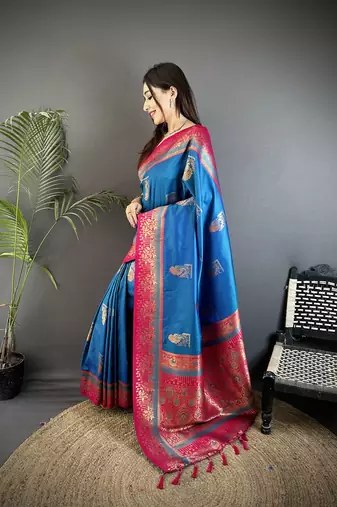 royal blue soft silk blend dual zari peacock butta worked banarasi saree 