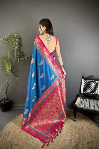 royal blue soft silk blend dual zari peacock butta worked banarasi saree 