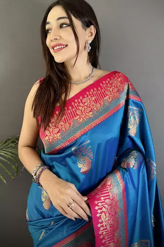 royal blue soft silk blend dual zari peacock butta worked banarasi saree 