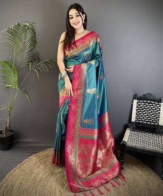 teal soft silk blend dual zari peacock butta worked banarasi saree  1