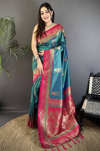 teal soft silk blend dual zari peacock butta worked banarasi saree 