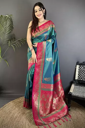 teal soft silk blend dual zari peacock butta worked banarasi saree 