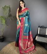 teal soft silk blend dual zari peacock butta worked banarasi saree 