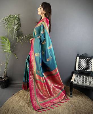 teal soft silk blend dual zari peacock butta worked banarasi saree  2