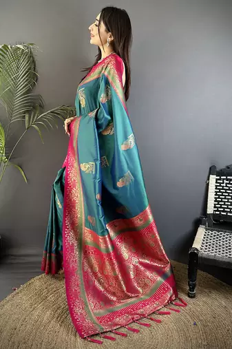 teal soft silk blend dual zari peacock butta worked banarasi saree 