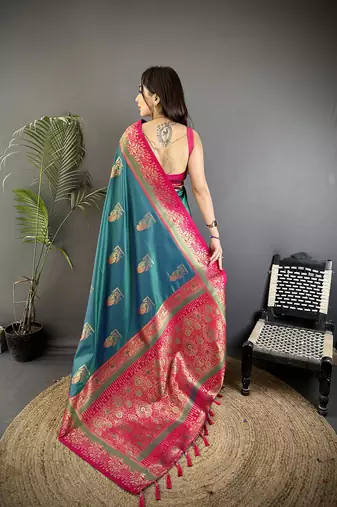teal soft silk blend dual zari peacock butta worked banarasi saree 