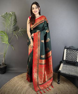 dark green soft silk blend dual zari peacock butta worked banarasi saree  1