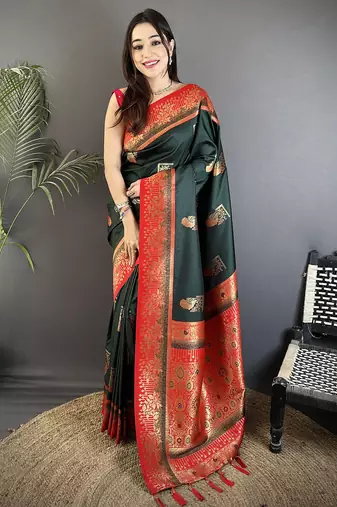 dark green soft silk blend dual zari peacock butta worked banarasi saree 