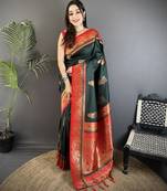 dark green soft silk blend dual zari peacock butta worked banarasi saree 