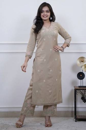 Floral embroidered beige v neck cotton kurta set with trouser