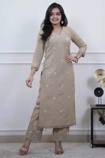 Floral embroidered beige v neck cotton kurta set with trouser