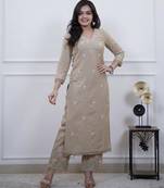 Floral embroidered beige v neck cotton kurta set with trouser
