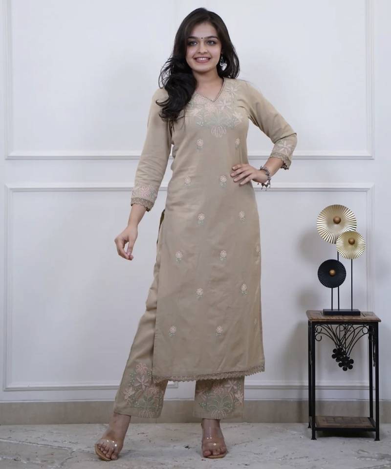 Floral embroidered beige v neck cotton kurta set with trouser