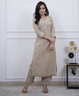 Floral embroidered beige v neck cotton kurta set with trouser 2