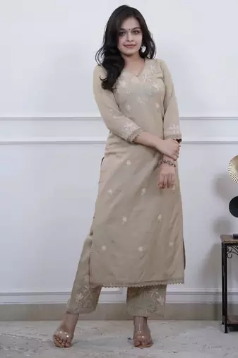 Floral embroidered beige v neck cotton kurta set with trouser