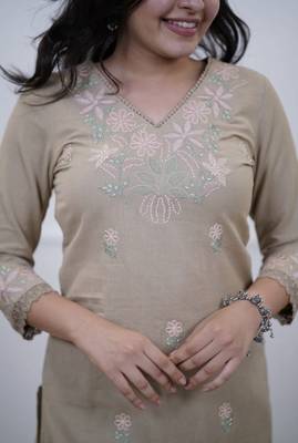 Floral embroidered beige v neck cotton kurta set with trouser 4