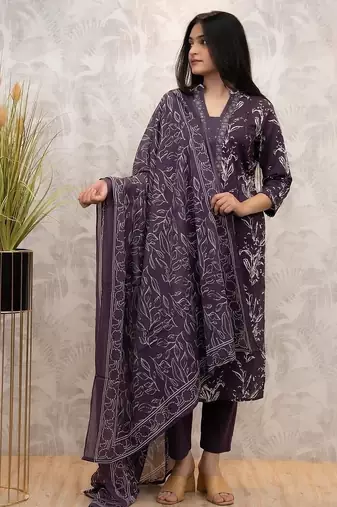 Floral embroidered purple v neck cotton kurta set with trouser and dupatta