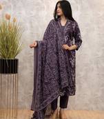Floral embroidered purple v neck cotton kurta set with trouser and dupatta