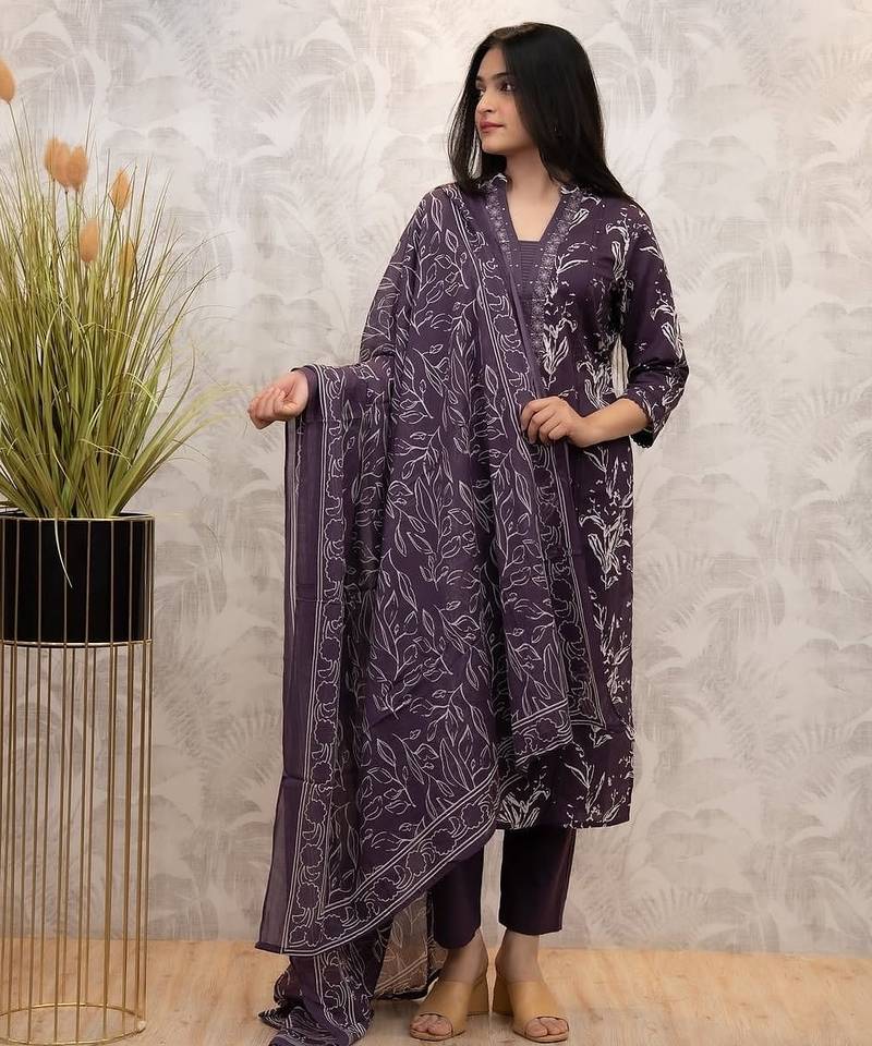 Floral embroidered purple v neck cotton kurta set with trouser and dupatta