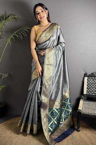 grey cotton silk blend banarasi golden zari weaving saree