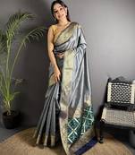 grey cotton silk blend banarasi golden zari weaving saree