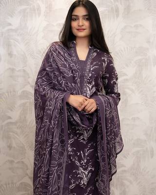 Floral embroidered purple v neck cotton kurta set with trouser and dupatta 2
