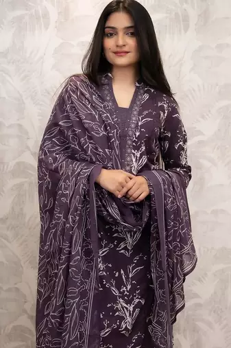 Floral embroidered purple v neck cotton kurta set with trouser and dupatta