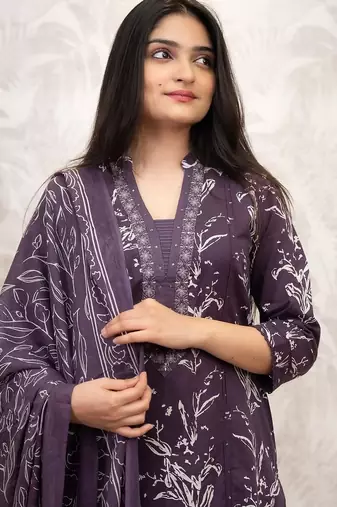 Floral embroidered purple v neck cotton kurta set with trouser and dupatta
