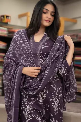 Floral embroidered purple v neck cotton kurta set with trouser and dupatta