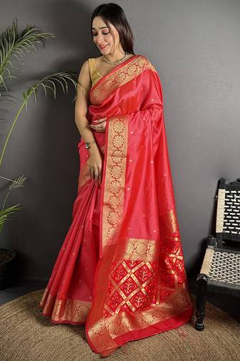red cotton silk blend banarasi golden zari weaving saree
