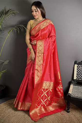 red cotton silk blend banarasi golden zari weaving saree