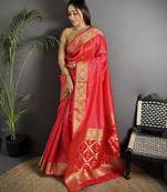 red cotton silk blend banarasi golden zari weaving saree