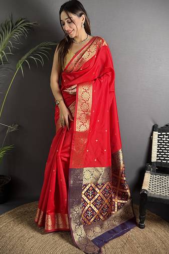 red cotton silk blend banarasi golden zari weaving saree