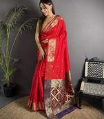red cotton silk blend banarasi golden zari weaving saree