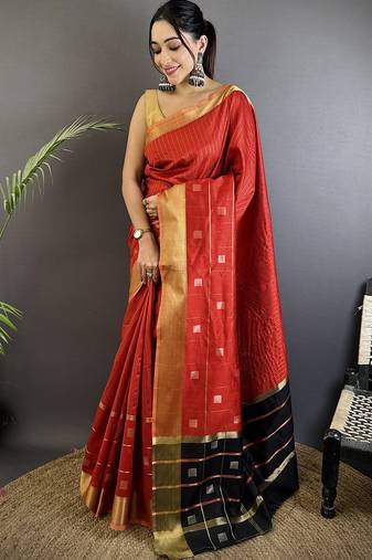 red soft cotton silk blend bhagalpuri stripes zari weaving saree